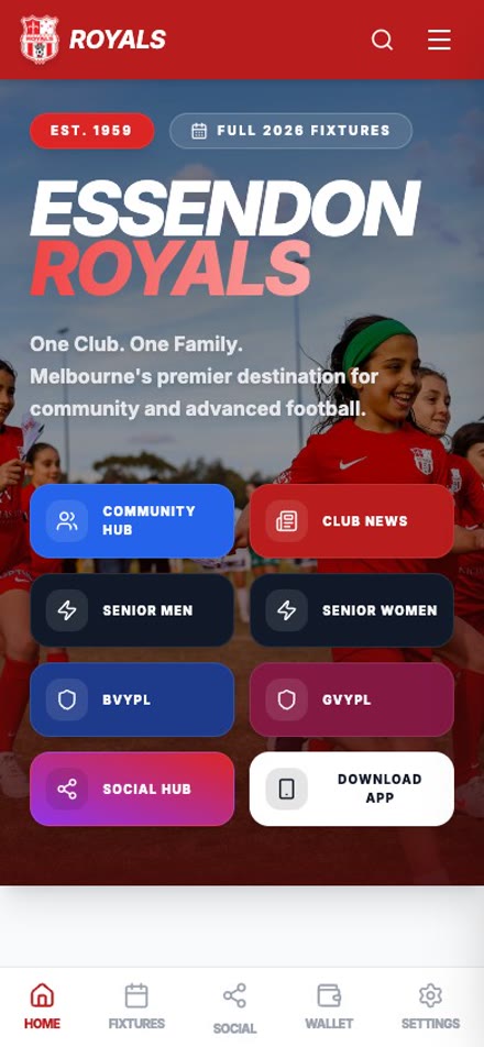 Club app home screen, in club colours