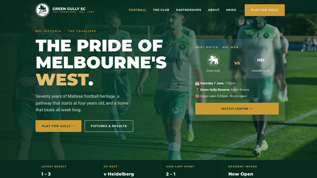Green Gully SC website design concept with a live matchday band