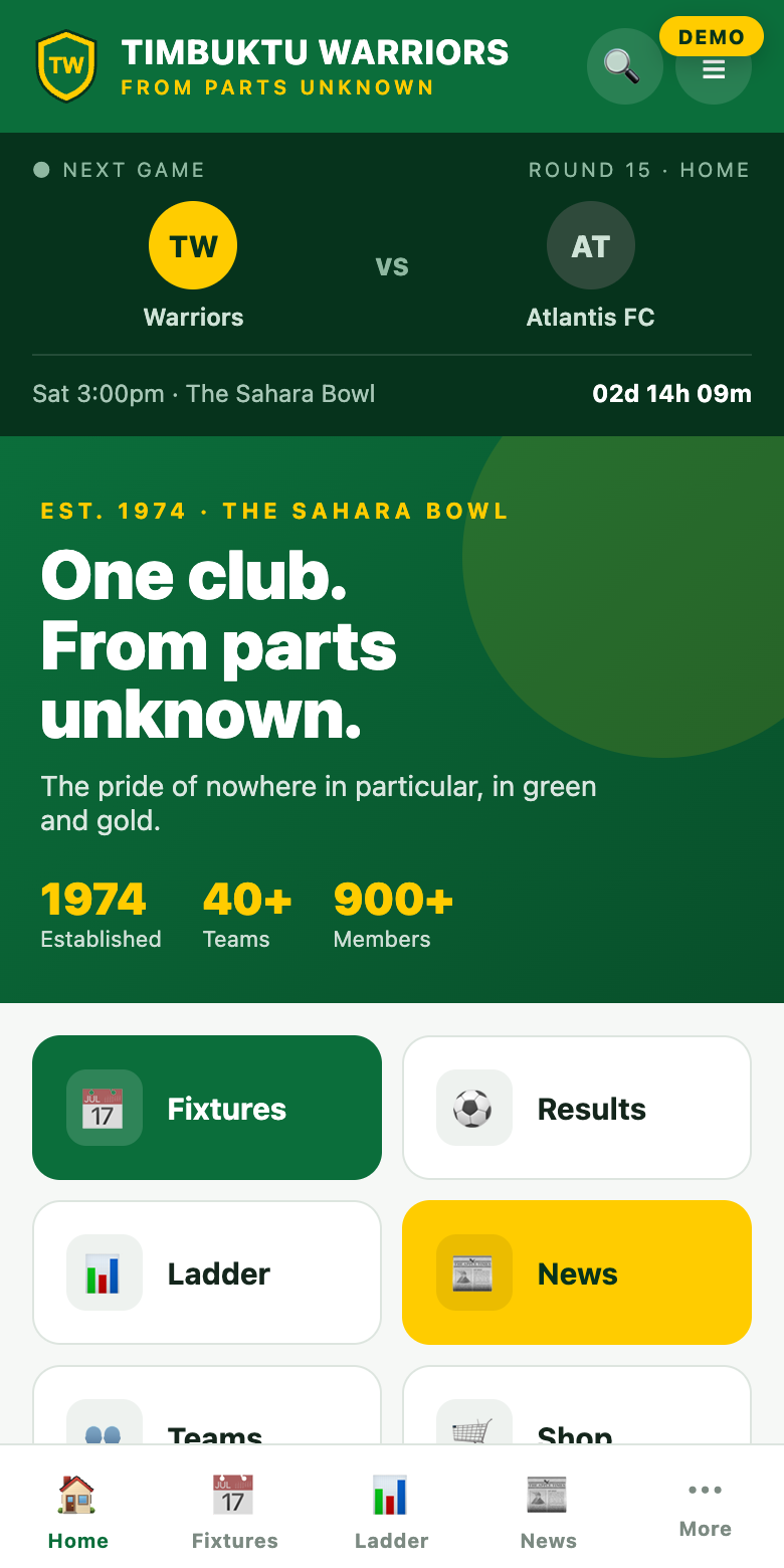 Timbuktu Warriors FC demo club app, home screen with a live matchday band, fixtures and ladder