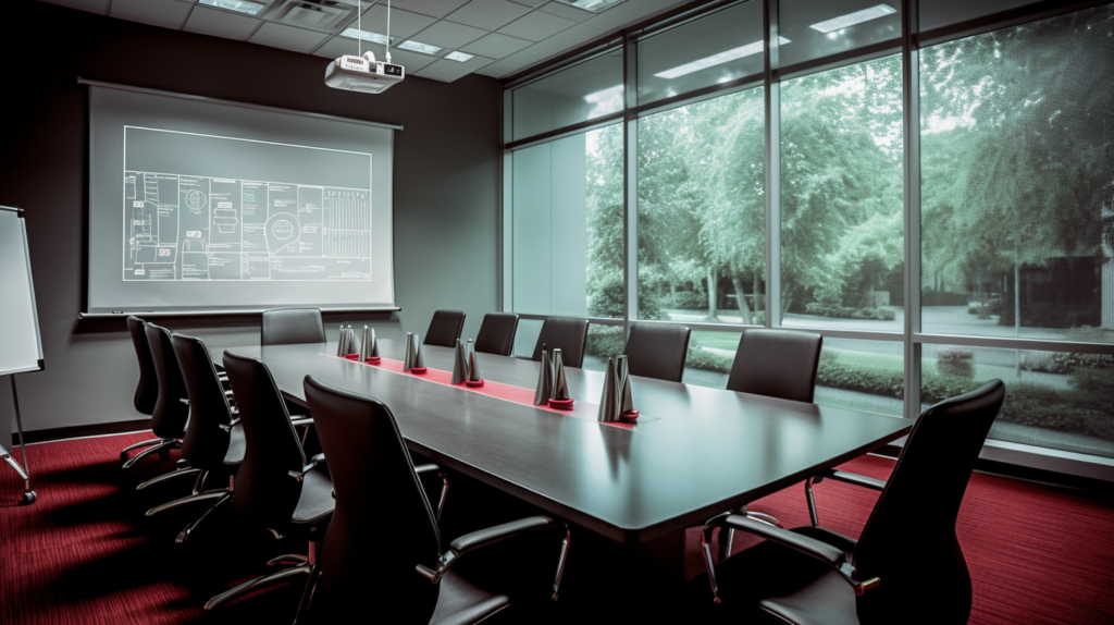 A meeting room set for a presentation on leveraging Instagram Reels for business, with a strategy chart on display.