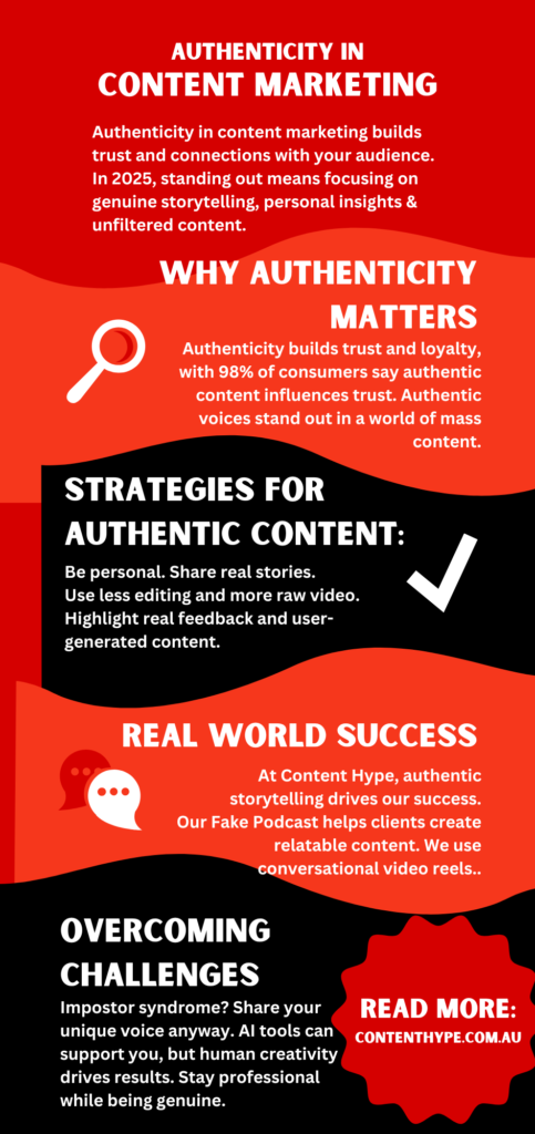 A bold infographic explaining the importance of authenticity in content marketing for 2025. Key sections include why authenticity matters, strategies for authentic content, real-world success examples, and overcoming challenges like impostor syndrome.