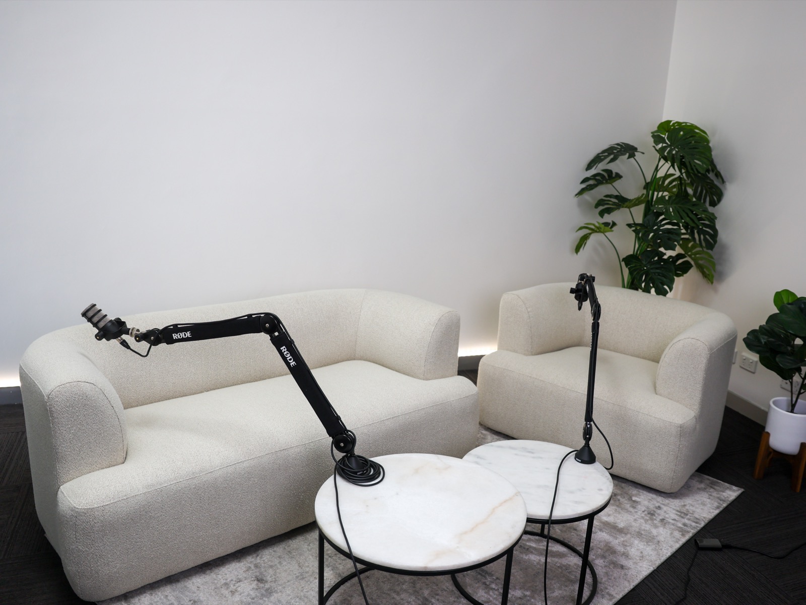 Content Hype's podcast and video studio in Essendon, with RODE microphones, professional lighting and a clean set